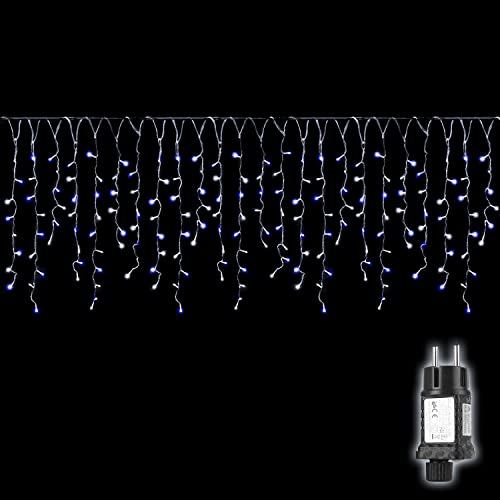 SALCAR 5m LED Eisregen Lichterkette Außen Innen, Lichtervorhang Fenster Weihnachten, Weihnachtsbeleuchtung Strom 31V mit 8 Beleuchtungsmodi und Memory-Funktion, Blau-Weiß von SALCAR