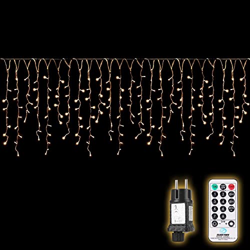 SALCAR 5m LED Lichtervorhang Außen, Eisregen Lichterkette Outdoor mit Fernbedienung und Timer, Weihnachtsbeleuchtung Innen Fenster 8 Modi, Warmweiß von SALCAR