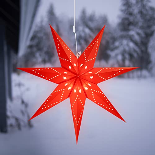 SALCAR LED Papierstern Weihnachten mit Beleuchtung, 3D Leuchtstern Fenster zum Aufhängen, 55cm Adventsstern mit E14 Lampe, LED Stern Weihnachtsdeko, Rot von SALCAR