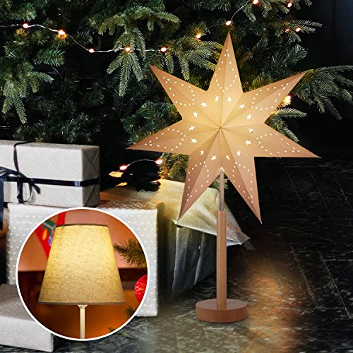 SALCAR LED Tischlampe mit Weihnachtsstern, 3D Adventsstern beleuchtet aus Papier mit Holz-Sockel / E14 Lampe, Weihnachtsdeko Tisch mit Wechselschirm, 45cm Papierstern Weiß und Lampenschirm Warm von SALCAR