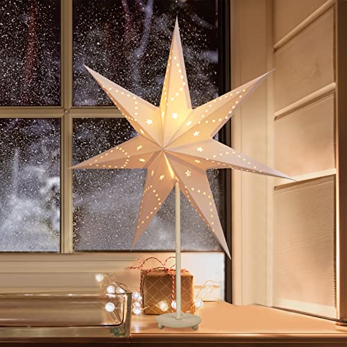 SALCAR LED Weihnachtsstern Beleuchtet Fenster 35cm, Papierstern Weihnachten mit E14 Lampe, 3D Leuchtstern Stehend Adventsstern mit Eisensockel Fuß, Weiß von SALCAR