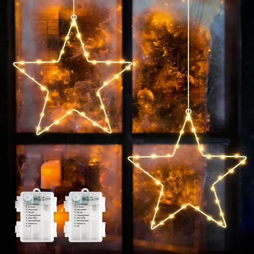 SALCAR LED Weihnachtsstern Fensterdeko, 2 Stück 60 LED Stern Weihnachtsdeko Batteriebetrieben mit Timer, 8 Modi Stern Fensterlichter für Party, Deko, Balkon, Party, Hochzeit von SALCAR