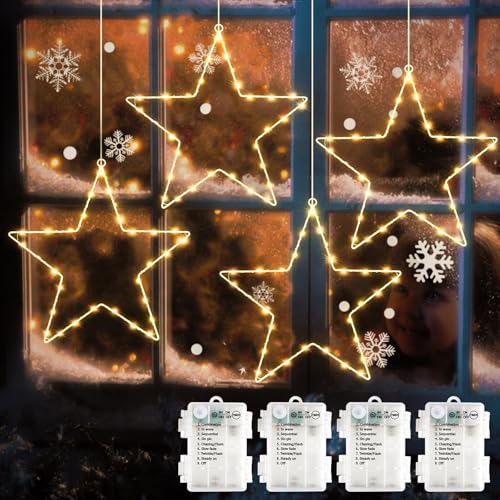 SALCAR LED Weihnachtsstern Fensterdeko, 4 Stück 120 LED Stern Weihnachtsdeko Batteriebetrieben mit Timer, 8 Modi Stern Fensterlichter für Party, Deko, Balkon, Party, Hochzeit von SALCAR