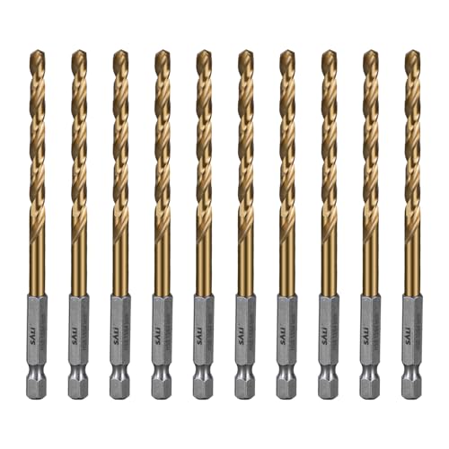 SALI 10 teiliges HSS Bohrer Set Sechskantschaft Schnellbohrkronen Ø 5 mm Titan-beschichteter Bohrersatz Schnellwechsel 1/4"-Sechskantaufnahme Spiralbohrer Metallbohrer für Holz Kunststoff Aluminium von SALI