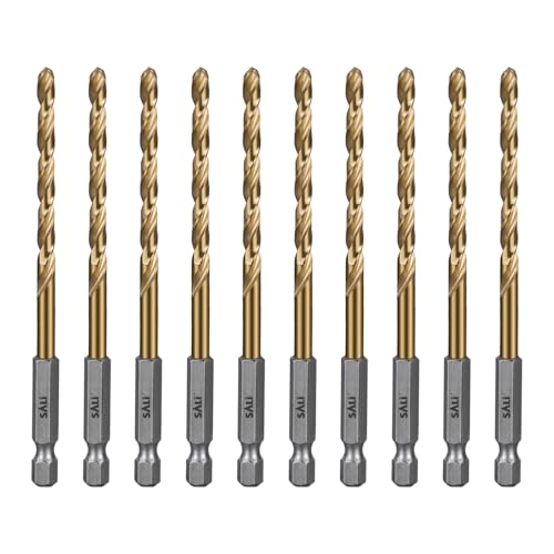 SALI 10 teiliges HSS Bohrerset Sechskantschaft Schnellbohrkronen Ø 4,8 mm Titan-beschichteter Bohrersatz Schnellwechsel 1/4"-Sechskantaufnahme Spiralbohrer Metallbohrer für Holz Kunststoff Aluminium von SALI