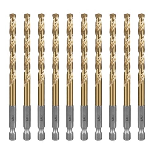 SALI 10 teiliges HSS Bohrerset Sechskantschaft Schnellbohrkronen Ø 6,5 mm Titan-beschichteter Bohrersatz Schnellwechsel 1/4"-Sechskantaufnahme Spiralbohrer Metallbohrer für Holz Kunststoff Aluminium von SALI