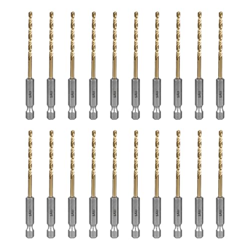 SALI 20 teiliges HSS Bohrerset Sechskantschaft Schnellbohrkronen Ø 3,2 mm Titan-beschichteter Bohrersatz Schnellwechsel 1/4"-Sechskantaufnahme Spiralbohrer Metallbohrer für Holz Kunststoff Aluminium von SALI