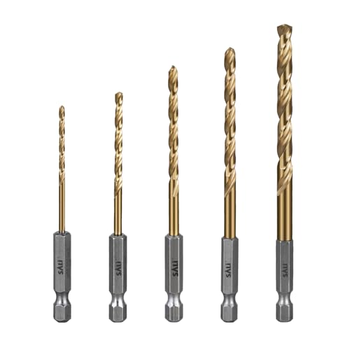 SALI 5 teiliges HSS Bohrerset Sechskantschaft Schnellbohrkronen 2,5-6,5 mm Titan-beschichteter Bohrersatz Schnellwechsel 1/4"-Sechskantaufnahme Spiralbohrer Metallbohrer für Holz Kunststoff Aluminium von SALI