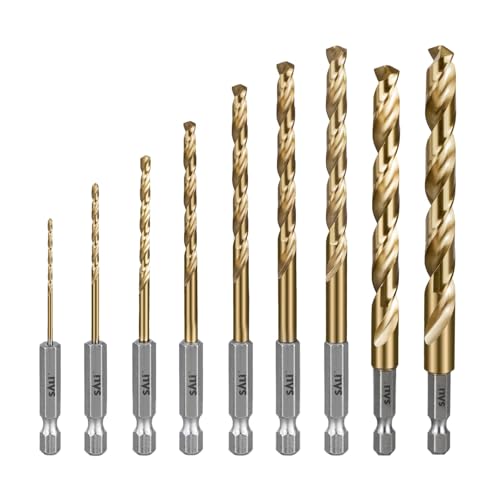 SALI 9 teiliges HSS Bohrerset Sechskantschaft Schnellbohrkronen Ø 1,5-10 mm Titan-beschichteter Bohrersatz Schnellwechsel 1/4"-Sechskantaufnahme Spiralbohrer Metallbohrer für Holz Kunststoff Aluminium von SALI