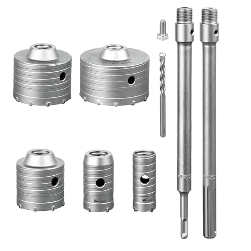 SALI Bohrkronen Set 5 Stück Ø 30/40/65/80/100mm Kernbohrer Steinbohrer M22 Gewinde Hohlbohrkrone Set mit 300 mm SDS Max Schaft und SDS-Plus-Schaft für Mauerwerk Steine Kunststeine Beton Marmor Fliese von SALI