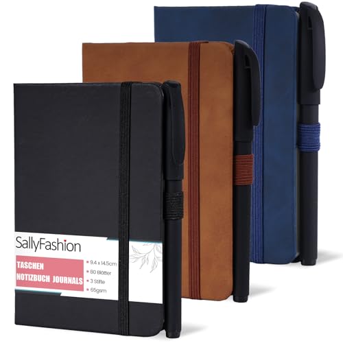 SALLYFASHION Klein Notizblock A6, 3 Stück Mini Notizbuch Mit Stift 9,5cm x 14cm Klein Notizblock, Braun, Blau, Schwarz Ledernotizbücher Mit Stift von SALLYFASHION