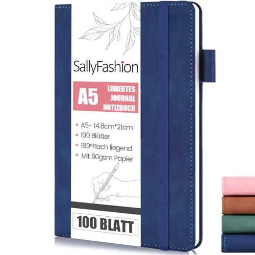 SALLYFASHION Notizbuch A5 Liniert, 200 Seiten Hardcover Tagebuch Notizblock Premium 80g/m² Papier Quadratisch mit Gummibandm für Notizen Planung Studium Reisen Skizzen Projekte (Blau) von SALLYFASHION