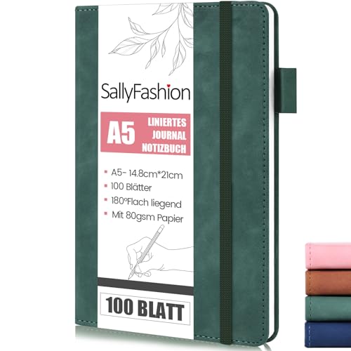 SALLYFASHION Notizbuch A5 Liniert, 200 Seiten Hardcover Tagebuch Notizblock Premium 80g/m² Papier Quadratisch mit Gummibandm für Notizen Planung Studium Reisen Skizzen Projekte (Grün) von SALLYFASHION