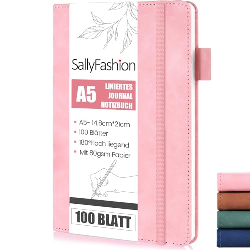 SALLYFASHION Notizbuch A5 Liniert, 200 Seiten Hardcover Tagebuch Notizblock Premium 80g/m² Papier Quadratisch mit Gummibandm für Notizen Planung Studium Reisen Skizzen Projekte (Rosa) von SALLYFASHION