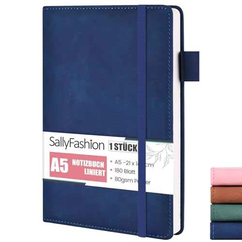 SALLYFASHION Notizbuch A5 Liniert, 360 Seiten Leder Hardcover Tagebuch Notizbücher 80g/m² Papier Quadratisch mit Gummibandm für Notizen Planung Studium Reisen Projekte (Blau) von SALLYFASHION