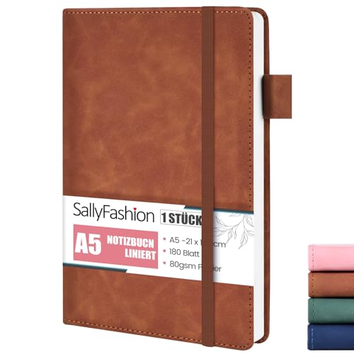 SALLYFASHION Notizbuch A5 Liniert, 360 Seiten Leder Hardcover Tagebuch Notizbücher 80g/m² Papier Quadratisch mit Gummibandm für Notizen Planung Studium Reisen Projekte (Braun) von SALLYFASHION