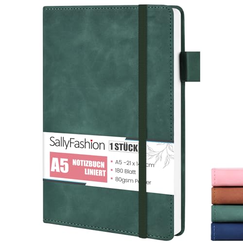 SALLYFASHION Notizbuch A5 Liniert, 360 Seiten Leder Hardcover Tagebuch Notizbücher 80g/m² Papier Quadratisch mit Gummibandm für Notizen Planung Studium Reisen Projekte (Grün) von SALLYFASHION