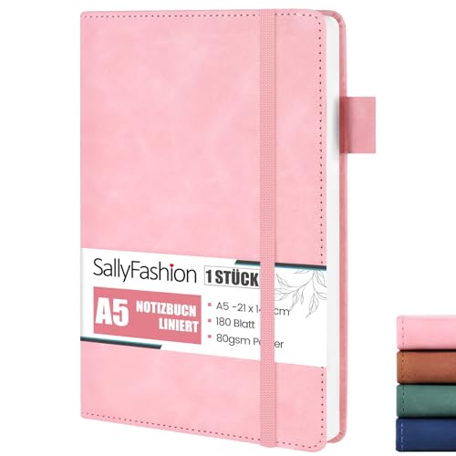 SALLYFASHION Notizbuch A5 Liniert, 360 Seiten Leder Hardcover Tagebuch Notizbücher 80g/m² Papier Quadratisch mit Gummibandm für Notizen Planung Studium Reisen Projekte (Rosa) von SALLYFASHION