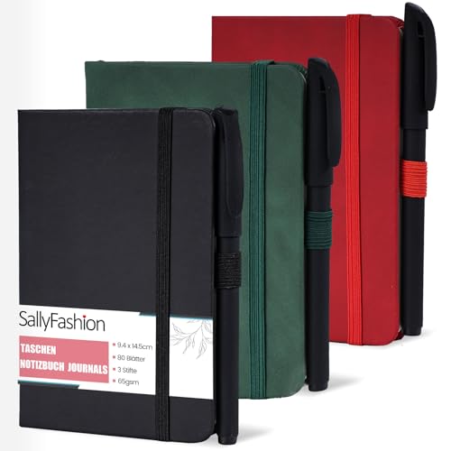 SALLYFASHION Notizbuch A6 Notizblock Klein notebook, 3 Stück Mini Notizbücher Set Stift, 9,5cm x 14cm Klein Notizblock, Grün, Rot, Schwarze Ledernotizbücher Mit Stift von SALLYFASHION