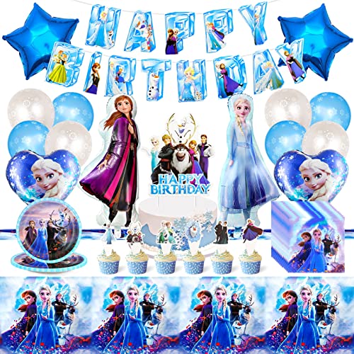 Eiskönigin Geburtstagsdeko,72 Stück Partygeschirr Kindergeburtstag Set,Enthält Gefrorene Luftballons,Teller,Serviette,Tischdecke,Banner,Cupcake Topper,Elsa Geburtstagsparty Deko,Frozen Geburtstagsdeko von SAMGOLD