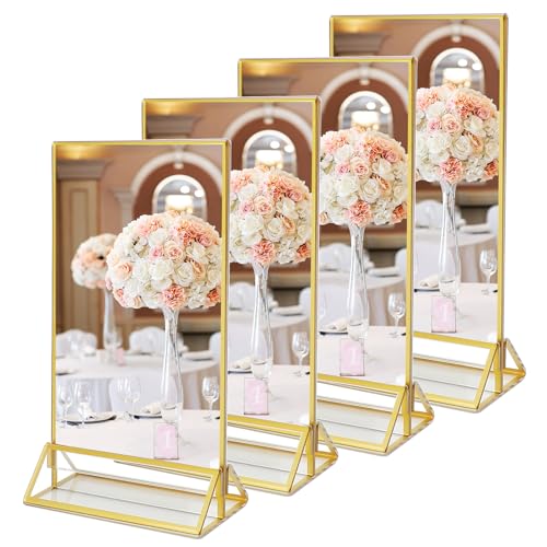 SAN LIKE Goldener Doppelseitiger Bilderrahmen, 4 Stück Acryl-Tischnummern Hochzeit Gold, Aufsteller im Staffelei-Stil, Hochzeit Tischnummern Display Stand Doppelseite 10 x 15 cm von SAN LIKE