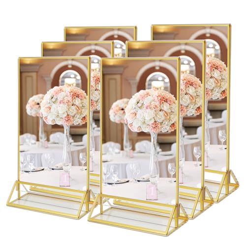 SAN LIKE Goldener Doppelseitiger Bilderrahmen, 6er-Pack Acryl-Tischnummern Hochzeit Gold, Aufsteller im Staffelei-Stil, Hochzeit Tischnummern Display Stand Doppelseite 10 x 15 cm von SAN LIKE