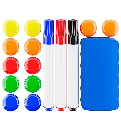 SANAWATEC 16 Stück Whiteboard Zubehör 3x Whiteboard-Stifte bunte magnetische Marker mit Radierer trocken abwischbar + 1x Whiteboard-Schwamm Magnetisch Tafellöscher + 12x Magnete für Magnettafel von SANAWATEC