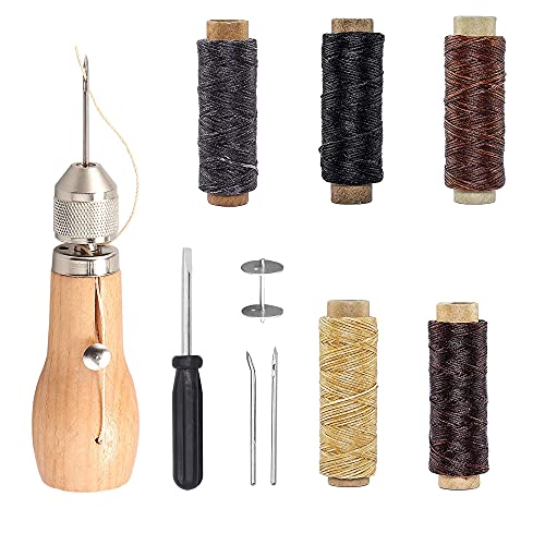 Leder Nähset, Lederhandwerk Ledernähset, Leder Nähahle+5 Rollen Leder Wachsfaden+Gebogene und Konische Nadeln+Schraubendreher, Leder Werkzeuge Set, Handnähmaschine, Nähset für DIY Handwerk von SANKESONG