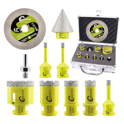 SANLEETEK Diamant Fliesenbohrer Set - Diamant Lochsäge Set 10 Stücke (6/6/8/20/25/35/50mm+35mm Diamant Fasenbohrer+115 Diamant Trennscheibe X Mesh+Adapter) für Porzellan Fliesen Keramik Marmor Granit von SANLEETEK