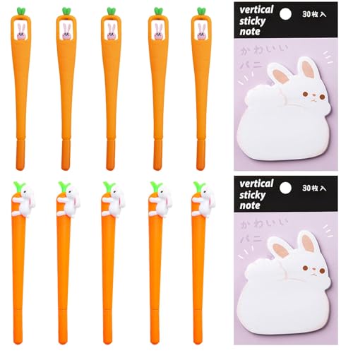 SANLIUSANJIU 10 Stück Ostern Karottenstift Gel Tintenstift RollerBall Pen+60 Blatt Tier Cartoon-Marker Haftnotizen, Selbstklebende Notizzettel für Büro Schule Hause Dokument Organisieren von SANLIUSANJIU