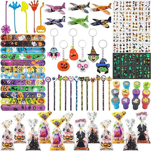 SANLIUSANJIU 130 Stück Halloween Party Mitgebsel Set, Gastgeschenk Kindergeburtstag, Halloween Kinder Mitgebsel Schnapparmbänder Tattoos, Geeignet Mädchen Jungen Burtstag Mitgebel Spielzeug von SANLIUSANJIU