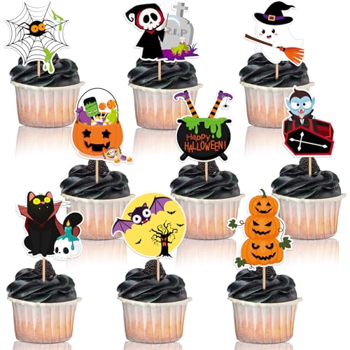 SANNIX 72 Stück Halloween-Cupcake-Topper – Kürbis-Fledermaus-Geister-Dekorationen für Geburtstagsparty, Kuchen und Lebensmitteldekoration von SANNIX