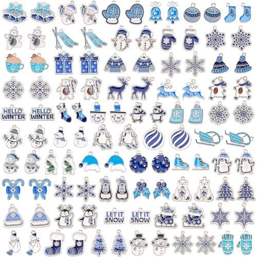 SANNIX 110 Stück/55 Paar Weihnachts-Winter-Charms, Winter-Charms zur Schmuckherstellung, verschiedene Schneeflocken, Pinguine, Schneemänner, Eisbären, Gold-Emaille-Charm-Anhänger für selbstgemachte Ar von SANNIX