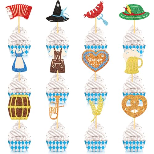 SANNIX Oktoberfest Cupcake Topper, 48 Stück Glitzernde Oktoberfest Tortendeko Oktoberfest Party Deko Bayerische Kuchendeko als Oktoberfest Deko Bayerische Party Geschenke von SANNIX