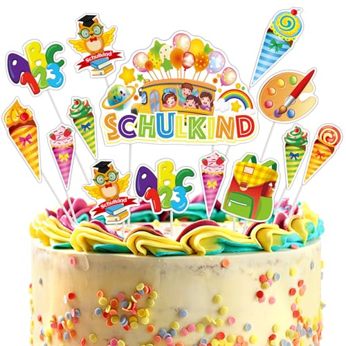 SANNIX Schulanfang Cupcake Topper Dekorationen, 19 Stück Tortendeko Einschulung Cake Topper Schuleinführung Kuchen Deko mit Zuckertüte Fondant Muffins für Mädchen Junge 1. Schultag Party Deko von SANNIX