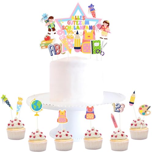 SANNIX Tortendeko Einschulung, 16 Stück Schulanfang Cupcake Toppers Deko Schuleinführung Deko Kuchen Muffins Zucker Dekorationen für Mädchen Jungen 1. Schultag Party Deko von SANNIX