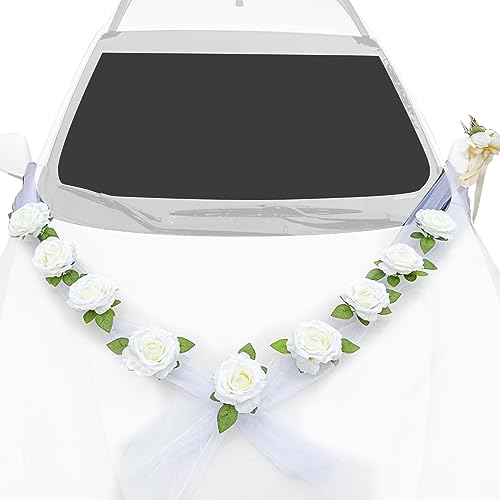 SANOU Autoschmuck Hochzeit Auto Wedding Deko Hochzeit Girlande Hochzeitsdeko Auto Girlande Hochzeitsschmuck Organza Braut Paar Rose Deko Auto für Hochzeit Party,Weiß von SANOU