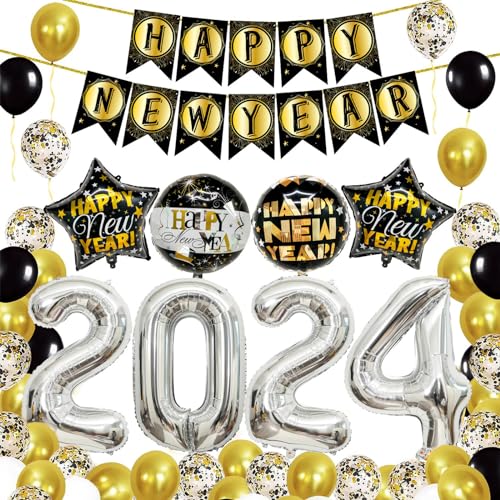 2024 Neujahr Party Dekoration Set Happy New Year Ballon Zubehör Foto Requisiten mit Banner Zahlenballon Party Dekoration Set von SANRLO