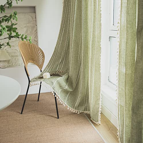 SASIGAYA Durchbrochene Bestickte Vorhänge Boho Gardinenschals mit Ösen Baumwolle Leinen Wohnzimmer Lichtdurchlässige Vorhänge für Schlafzimmer Wohnzimmer Kinderzimmer 2 Stück Grün(140×180cm von SASIGAYA