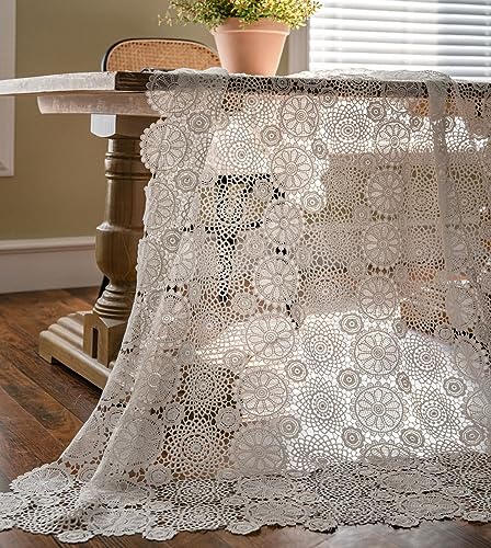 SASIGAYA Tischdecke 130×130 Boho Vintage Weiß Spitze Tischdecken Landhausstil Rechteckige Blümchen Häkeln Stricken Lichtdurchlässig Durchbrochene Stickerei Tischuch für Küche Hochzeit Party Dekoration von SASIGAYA