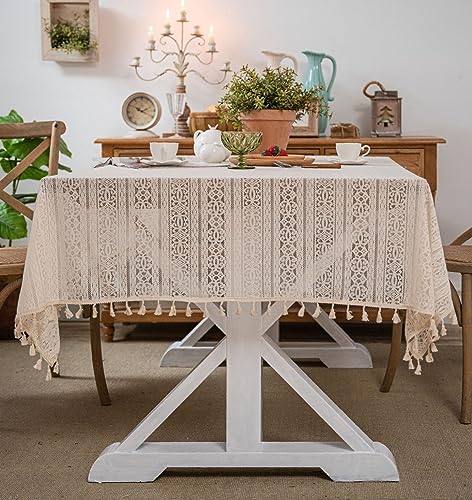 SASIGAYA Tischdecken 150×160cm Beige Vintage Boho Landhausstil Rechteckige Tischdecke Abwaschbar Häkeln Stricken Durchscheinende Tischuch mit Quasten für Hochzeit Tischuch Picknick Tischdekoration von SASIGAYA