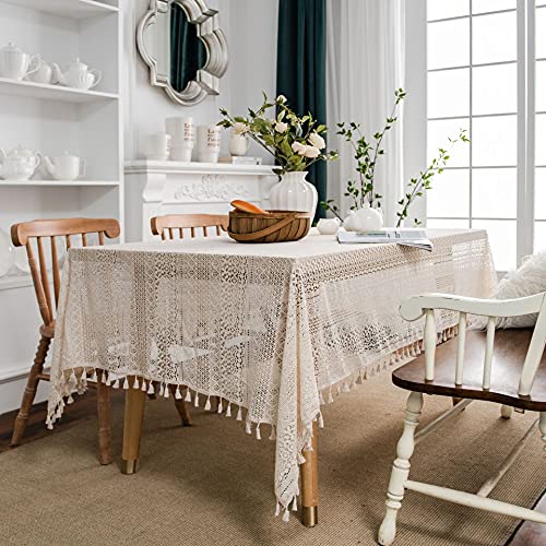 SASIGAYA Tischdecken Beige Vintage Boho Landhausstil Rechteckige Tischdecke 100×150cm Abwaschbar Häkeln Stricken Durchscheinende Tischuch mit Quasten für Küche Hochzeit Tischuch Tischdekoration von SASIGAYA