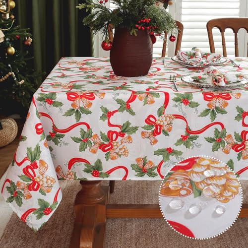 SASTYBALE Quadratische Weihnachtstischdecke, Jacquard-Tischdecke, bedruckt mit Glöckchen und Stechpalmenblättern, schmutzabweisend, Tischdecke für Urlaub, Party, Picknick, Abendessen, Dekoration von SASTYBALE