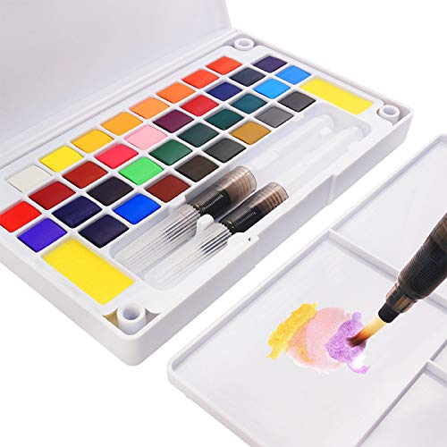 WLOT Aquarellfarben Set 24 kräftige Wasserfarben Set - Aquarellfarbkasten inkl. 24 Wasserfarben + 12 Aquarellpapier + 2 Wassertankpinsel - Malkasten für Anfänger und Profis von SATOHA