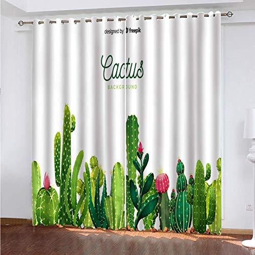 SATUSA Verdunkelungsvorhänge 3D Kaktus-Druck Muster Ösen Vorhang 2Er Set 200X214Cm Verdunkelungsvorhang Blickdicht Fenstergardinen Kinderzimmer Schlafzimmer Wohnzimmer Thermovorhang von SATUSA