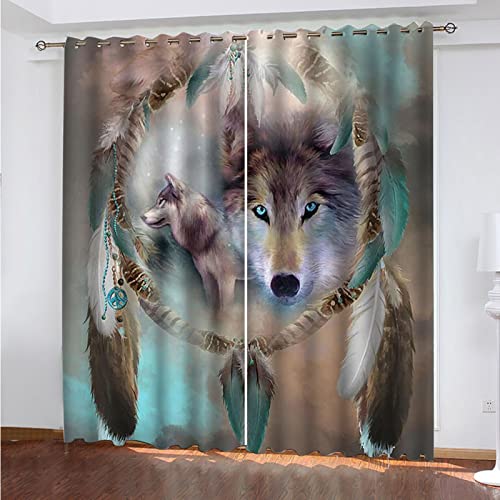 SATUSA Verdunkelungsvorhänge 3D Traumfänger Tier Wolf Muster Ösen Vorhang 2Er Set 140X160Cm Verdunkelungsvorhang Blickdicht Fenstergardinen Kinderzimmer Schlafzimmer Wohnzimmer Thermovorhang von SATUSA