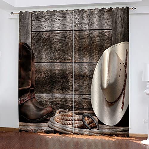 SATUSA Verdunkelungsvorhänge 3D Vintage-Western-Cowboy Muster Ösen Vorhang 2Er Set 200X214Cm Verdunkelungsvorhang Blickdicht Fenstergardinen Kinderzimmer Schlafzimmer Wohnzimmer Thermovorhang von SATUSA