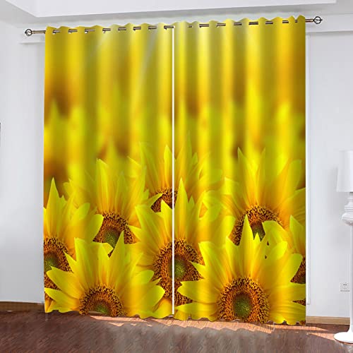 SATUSA Vorhänge Wohnzimmer Blickdicht Gardinen Verdunkelungsvorhang Schlafzimmer Kinderzimmer Thermovorhang Fensterdekoration 3D Gelbe Sonnenblume Muster Ösenschal 2Er Set 234X230Cm von SATUSA