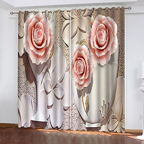 SATUSA Vorhänge Wohnzimmer Blickdicht Gardinen Verdunkelungsvorhang Schlafzimmer Kinderzimmer Thermovorhang Fensterdekoration 3D Vase Mit Rosa Blumen Muster Ösenschal 2Er Set 234X230Cm von SATUSA