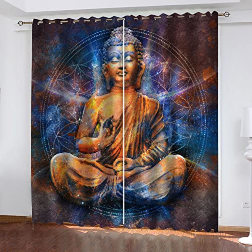 SATUSA Vorhang Blickdicht 3D Indische Buddha-Statue Muster Ösenschal 2Er Set 200X160Cm Fenster Gardinen Mit Ösen Verdunkelungsvorhang Wohnzimmer Kinderzimmer Thermovorhang Schallschutz Vorhänge von SATUSA